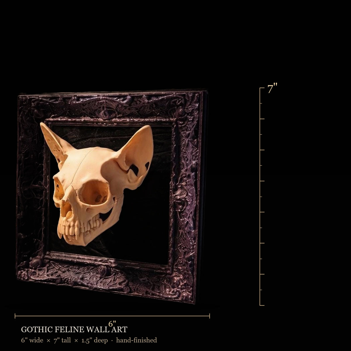 Scale reference — Gothic Feline Wall Art. Hand-finished by Cozy AF Sweatshop.