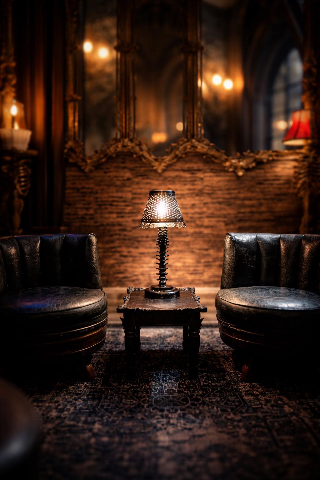 Black spine desk lamp glowing between two dark chairs