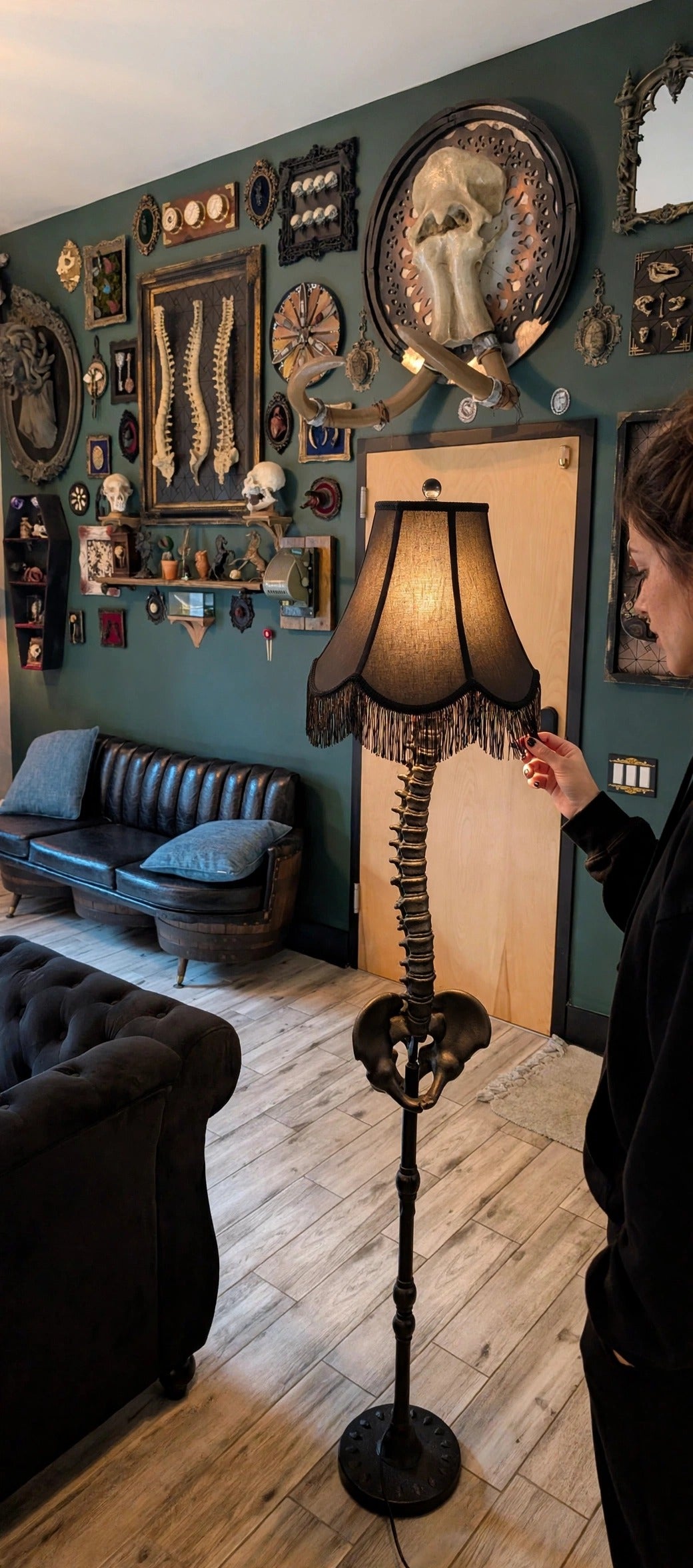 Maya with the Gothic Spine Floor Lamp — No Rib Cage, lit in the Cozy AF gallery