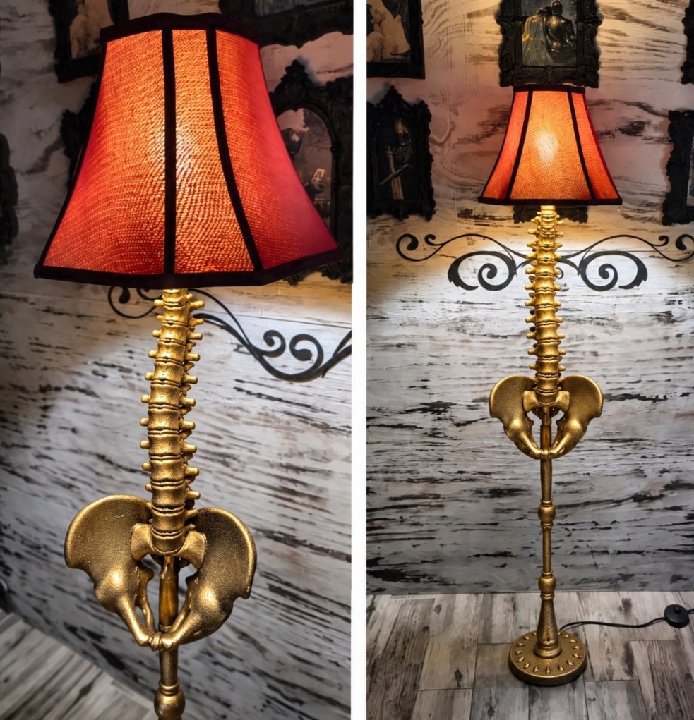 Gothic Spine Floor Lamp — Anatomical Vertebrae Column with Pelvis Base & Vintage Shade — handmade gothic art by Cozy AF Sweatshop (5)