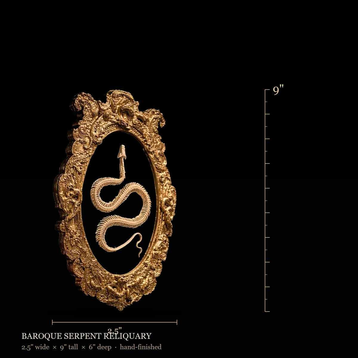 Scale reference — Baroque Serpent Reliquary. Hand-finished by Cozy AF Sweatshop.