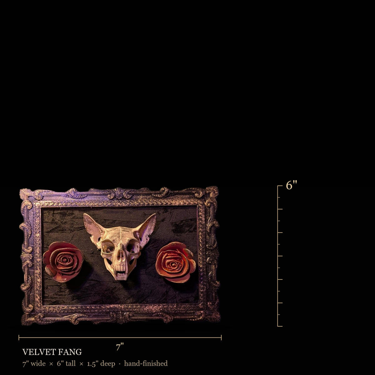Scale reference — Velvet Fang. Hand-finished by Cozy AF Sweatshop.