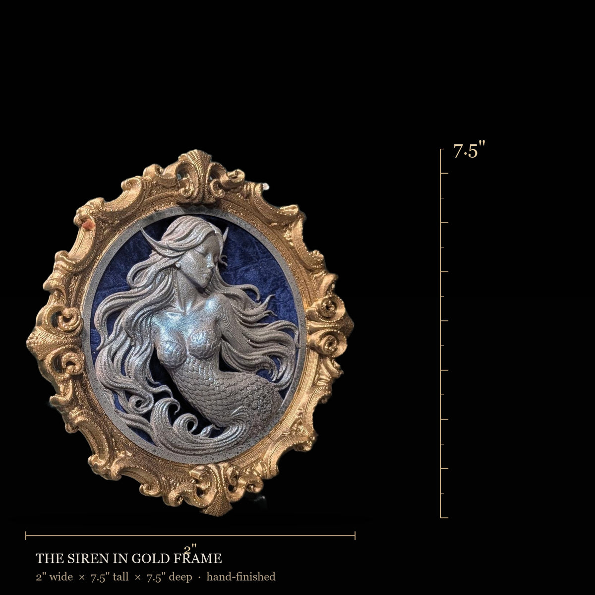 Scale reference — The Siren in Gold Frame. Hand-finished by Cozy AF Sweatshop.