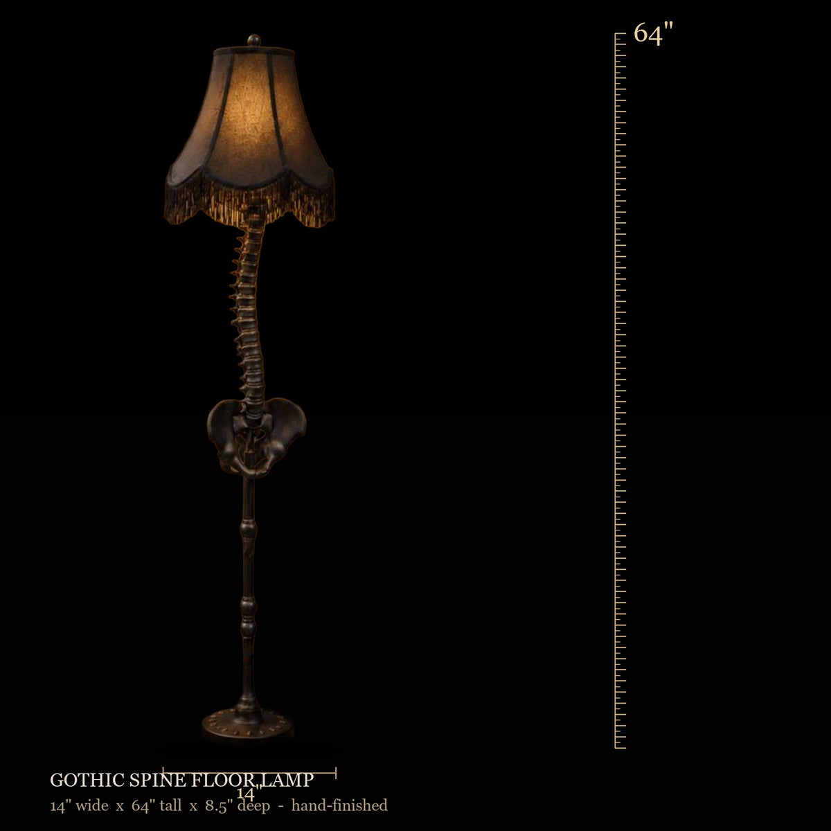 Scale reference — Gothic Spine Floor Lamp, 14" wide × 64" tall × 8.5" deep — hand-finished statement piece.