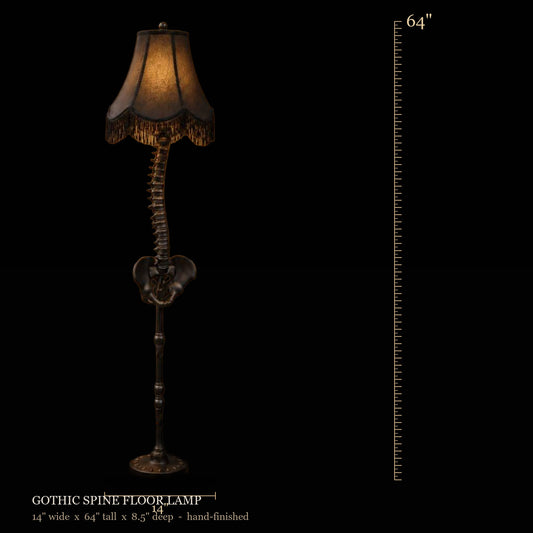 Scale reference — Gothic Spine Floor Lamp, 14" wide × 64" tall × 8.5" deep — hand-finished statement piece.