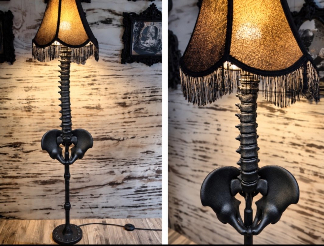 Gothic Spine Floor Lamp — Anatomical Vertebrae Column with Pelvis Base & Vintage Shade — handmade gothic art by Cozy AF Sweatshop (2)