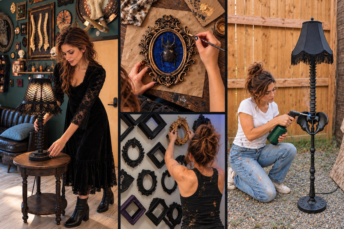 Maya styling a spine lamp, gilding a beetle frame, hanging frames, and finishing a floor lamp at Cozy AF Sweatshop