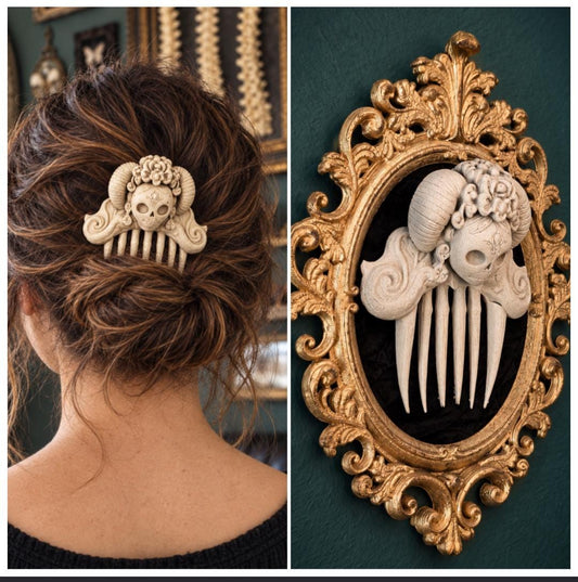 Worn comb and gold frame display, side by side