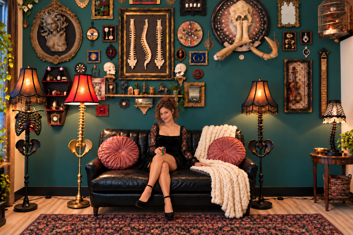 Maya seated in a gothic gallery room surrounded by Cozy AF skeleton lamps and handmade wall decor.