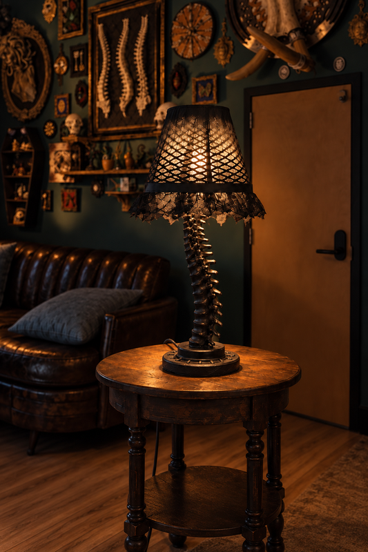 Black Gothic spine table lamp glowing on a round table in the Gothic Rose Gallery