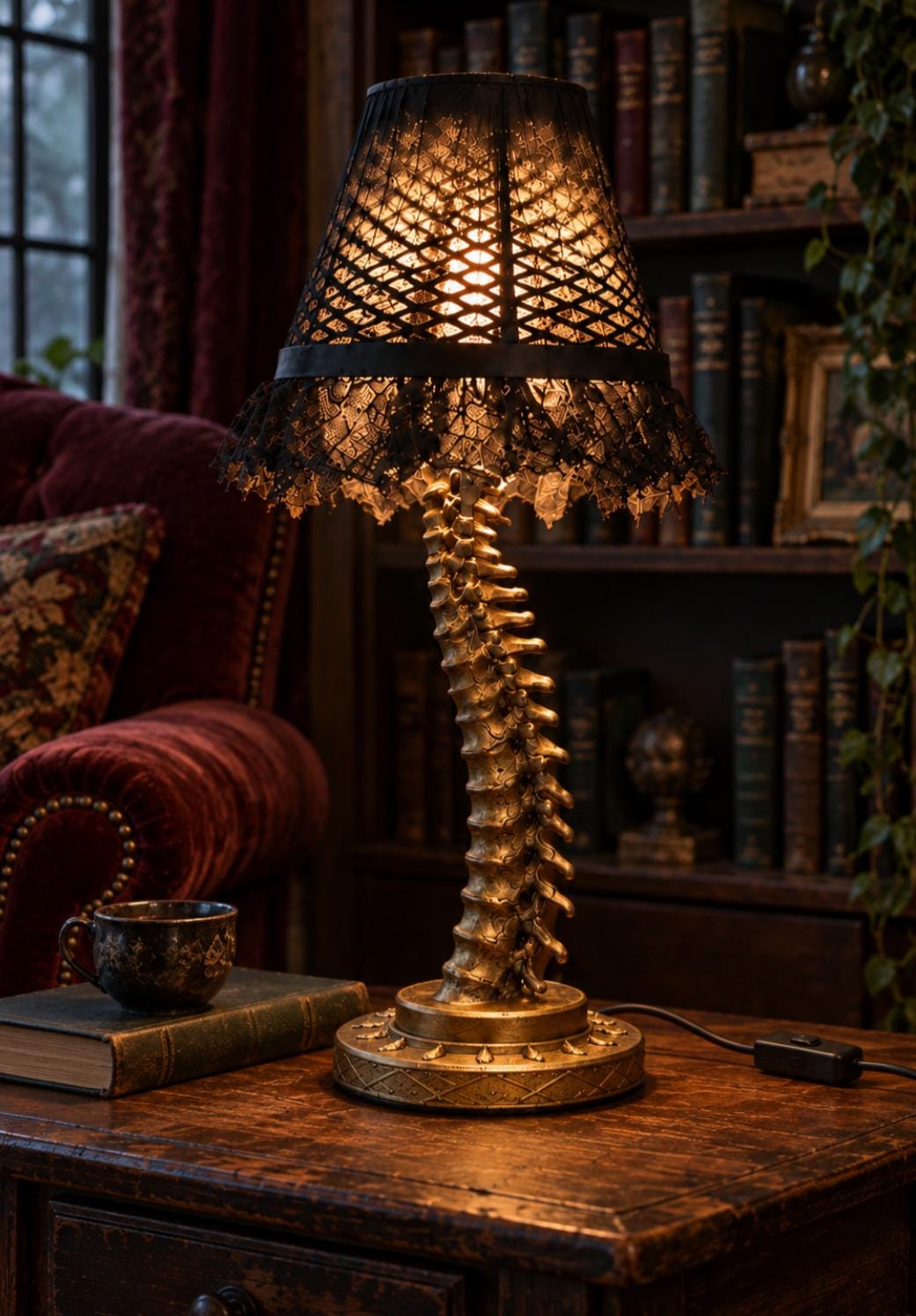 Gold desktop spine lamp with a black lace shade in a library-style room