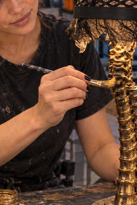 Gold spine table lamp with a solid black lampshade retaining band — staged virtual Maya workshop image