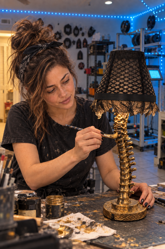 Gold spine table lamp with a solid black lampshade retaining band — staged virtual Maya workshop image