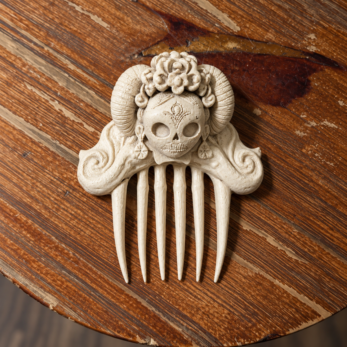 Bone-white horned skull and rose hair comb with six prongs on a worn wooden table.