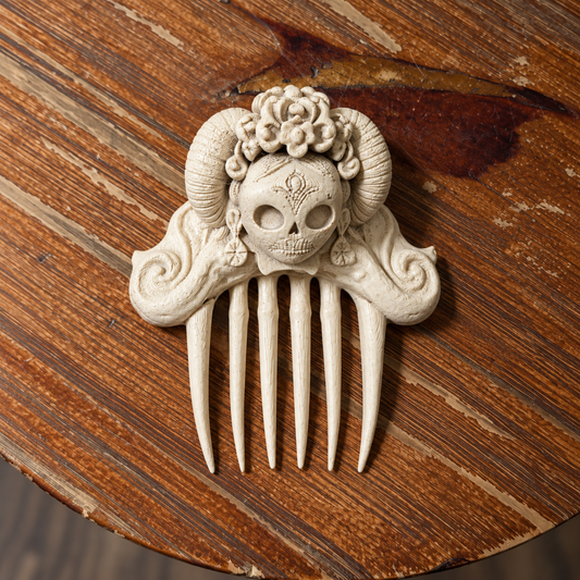 Bone-white horned skull and rose hair comb with six prongs on a worn wooden table.