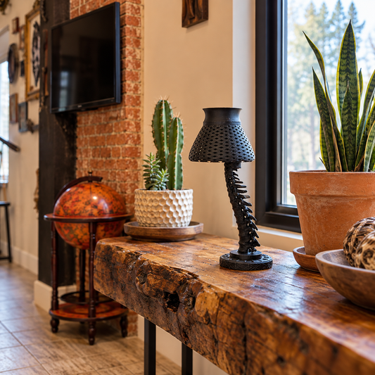 Mini black spine lamp on the Gothic Rose Gallery console — styled product image