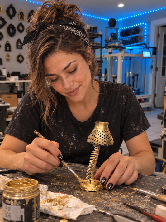 Mini Gothic Skeleton Lamp – Gold Finish! — staged image of Maya working on the piece in the workshop