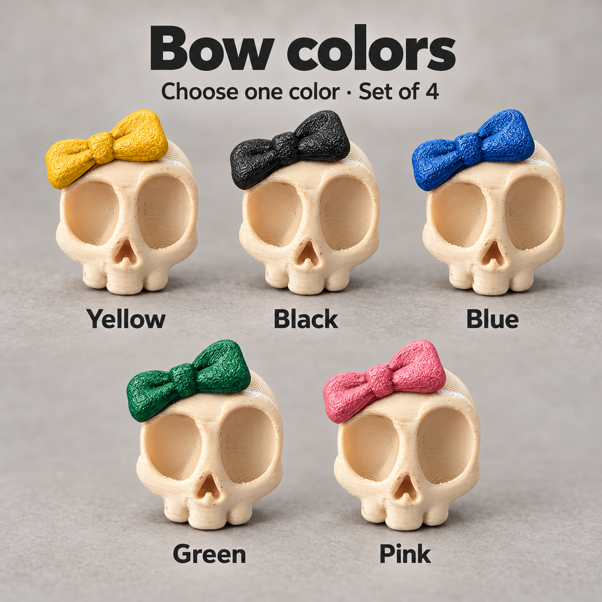 Bow color preview guide: Yellow, Black, Blue, Green and Pink. Choose one color for a set of four