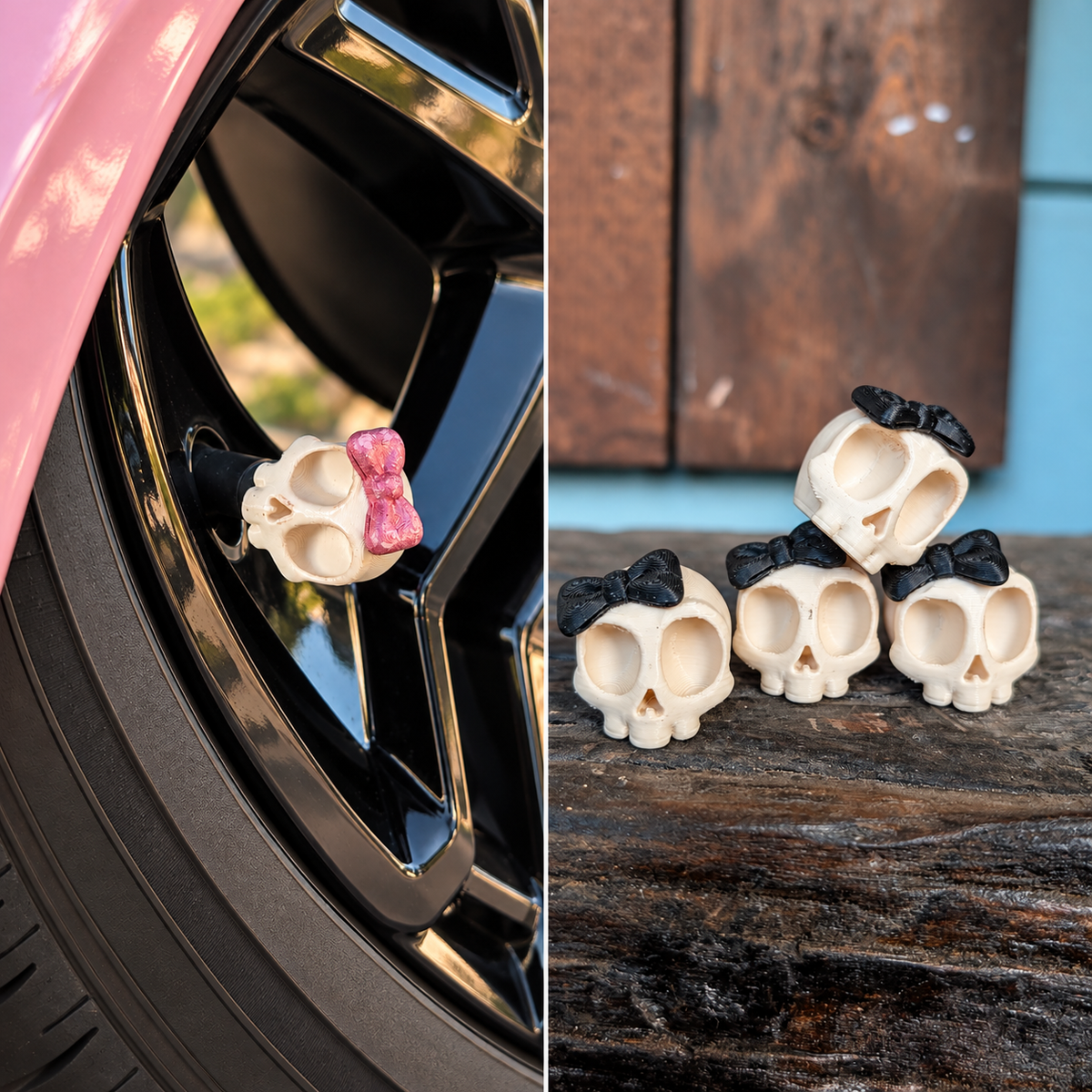 Side-by-side product view: pink-bow cream skull cap on a black wheel beside pink bodywork, and the actual set of four cream skull caps with black bows.
