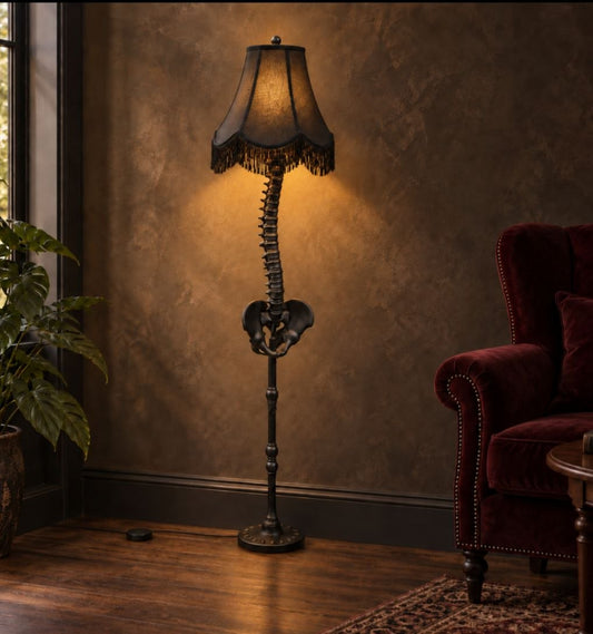 Gothic Spine Floor Lamp — Anatomical Vertebrae Column with Pelvis Base & Vintage Shade — handmade gothic art by Cozy AF Sweatshop (1)