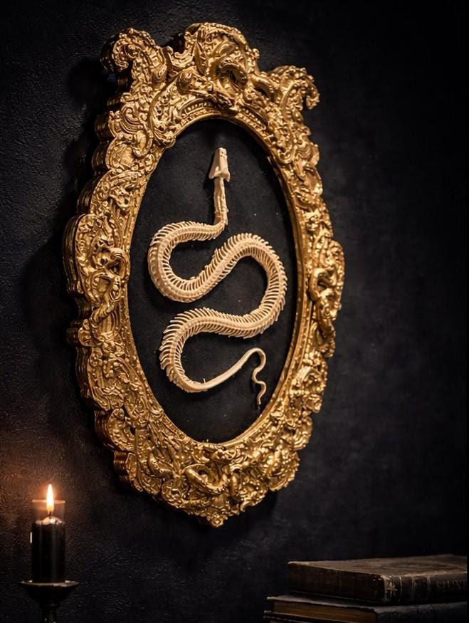 Baroque Serpent Reliquary – Custom Framed Snake Skeleton Wall Art