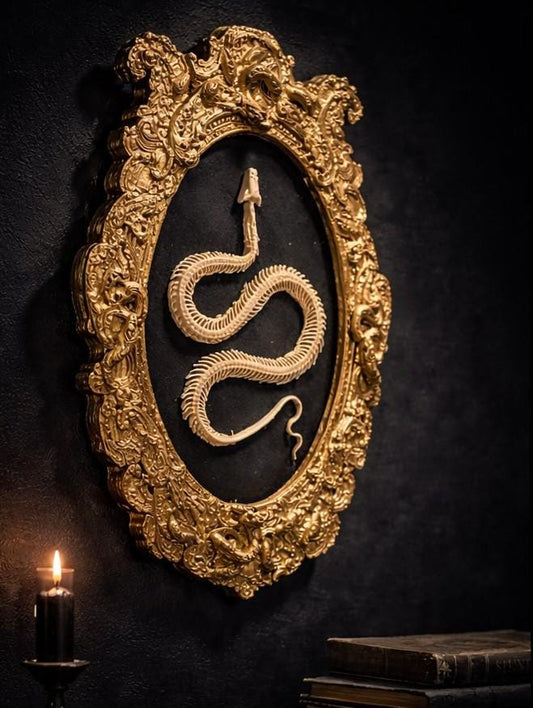 Baroque Serpent Reliquary – Custom Framed Snake Skeleton Wall Art