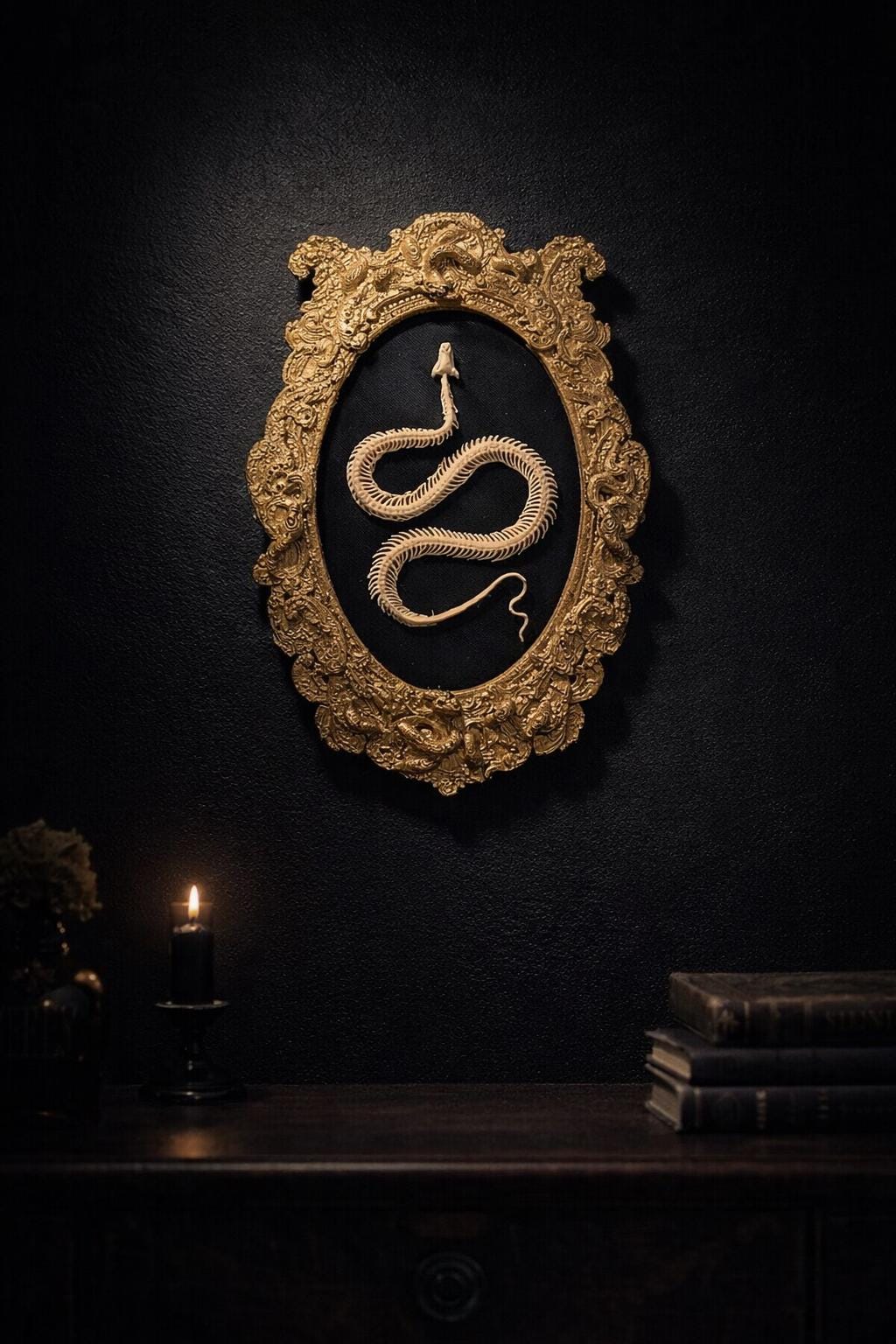 Baroque Serpent Reliquary – Custom Framed Snake Skeleton Wall Art