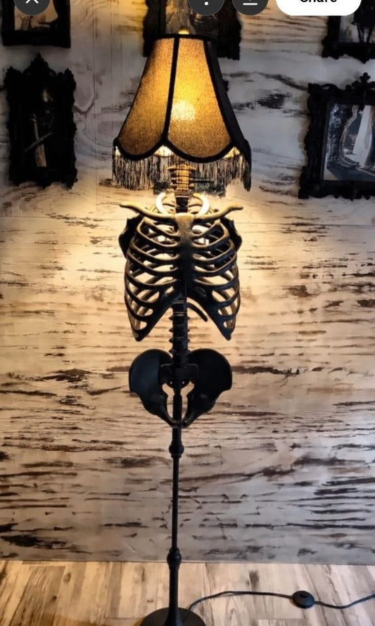Gothic Skeleton Floor Lamp — black finish, black fringe shade, full view
