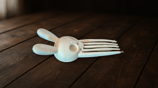 Rabbit skull hair pin, angled view on wood showing real 3D-print texture and five prongs