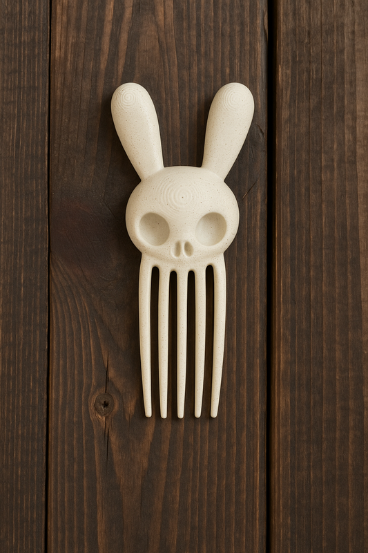 Bone-white rabbit skull hair pin, front view on dark wood