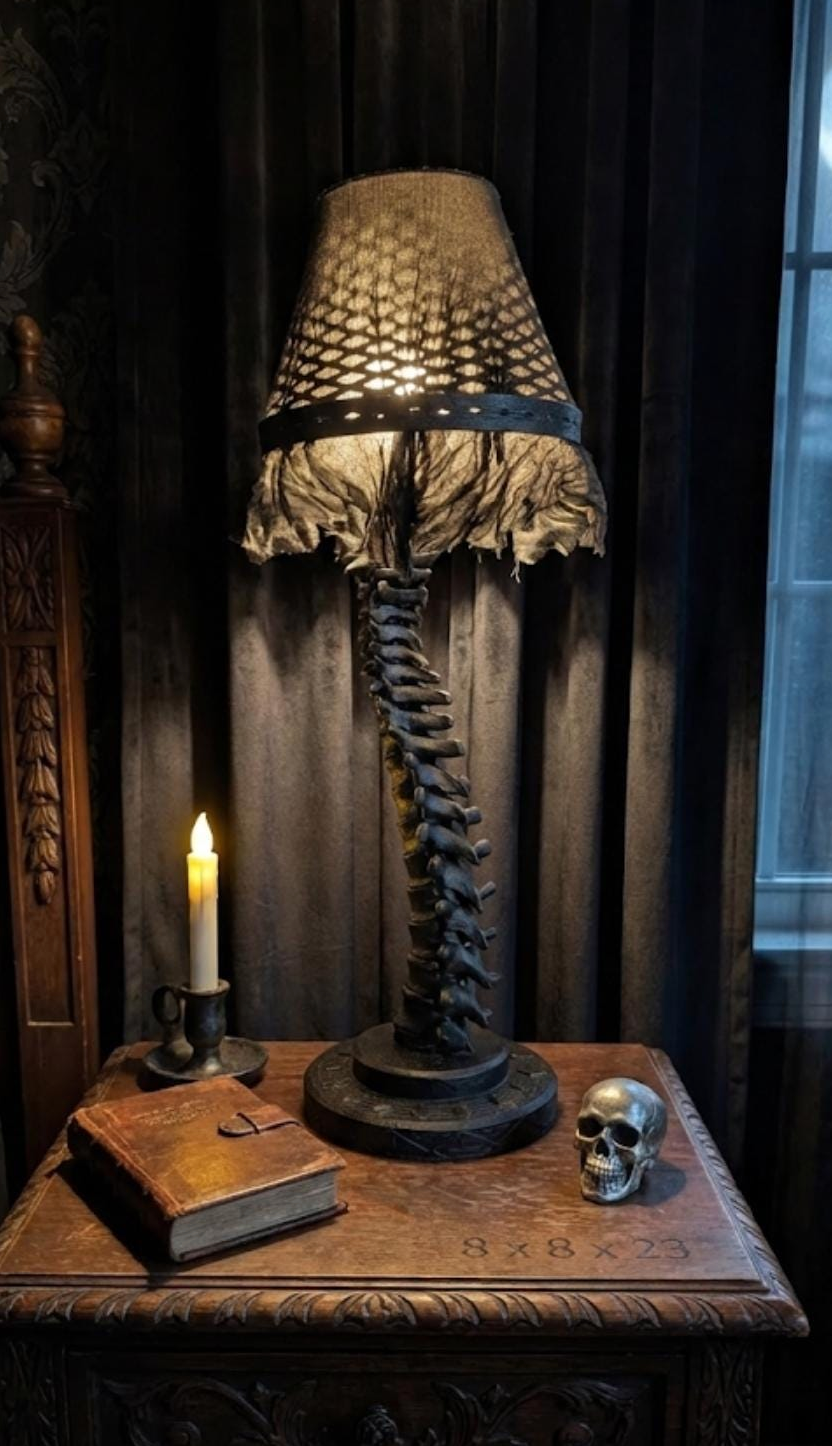 Life-size black spine table lamp with a handmade patterned fabric shade on an ornate wooden table beside a candle and skull.