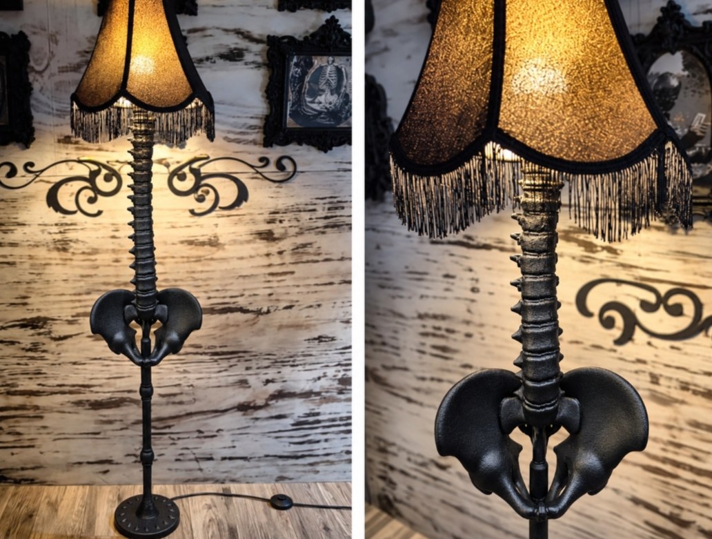 Gothic Spine Floor Lamp — Anatomical Vertebrae Column with Pelvis Base & Vintage Shade — handmade gothic art by Cozy AF Sweatshop (3)
